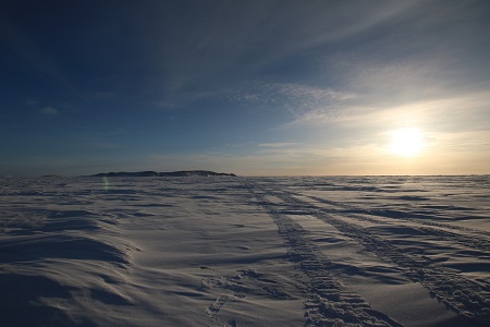 海氷上に残った雪上車の走った跡。午後3時でも日が低いです。